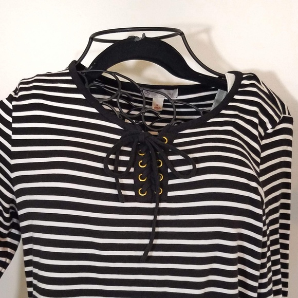 Black and White Stripe Sailor Tie Front Boho Shirt - Picture 2 of 4